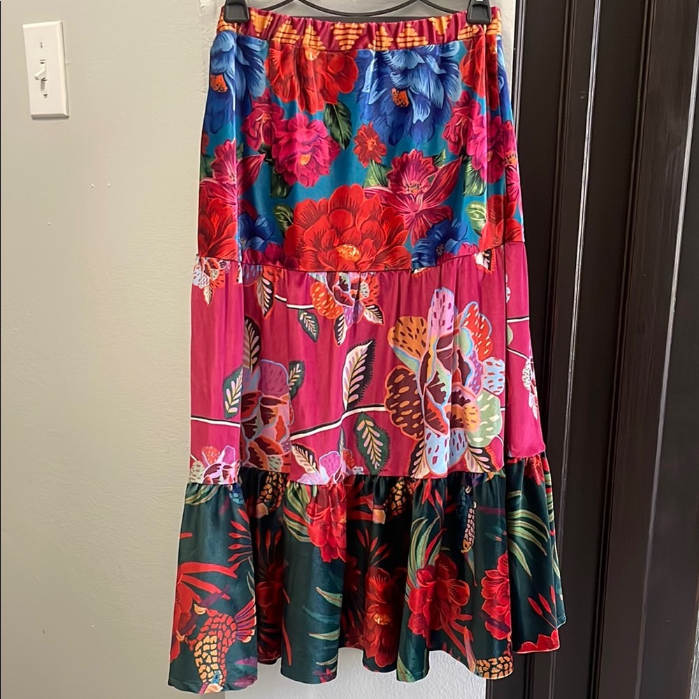 Farm rio Anthropologie Tiered Midi A-Line Skirt for Resort Wear